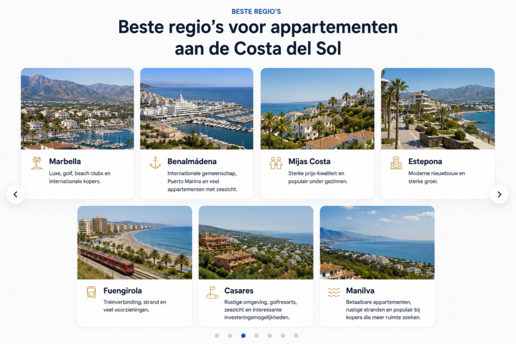 Beste regio’s voor appartementen aan de Costa del Sol met Marbella, Benalmádena, Mijas Costa, Estepona, Fuengirola, Casares en Manilva