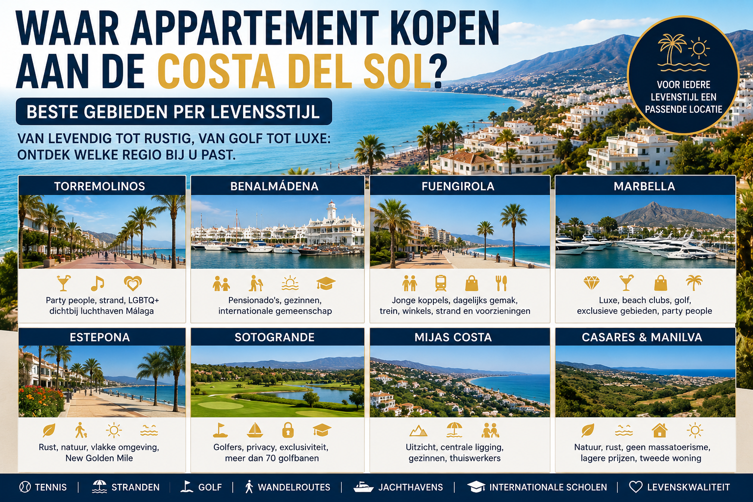Beste gebieden aan de Costa del Sol per levensstijl met Marbella, Benalmádena, Fuengirola, Estepona, Mijas, Sotogrande, Casares en Manilva