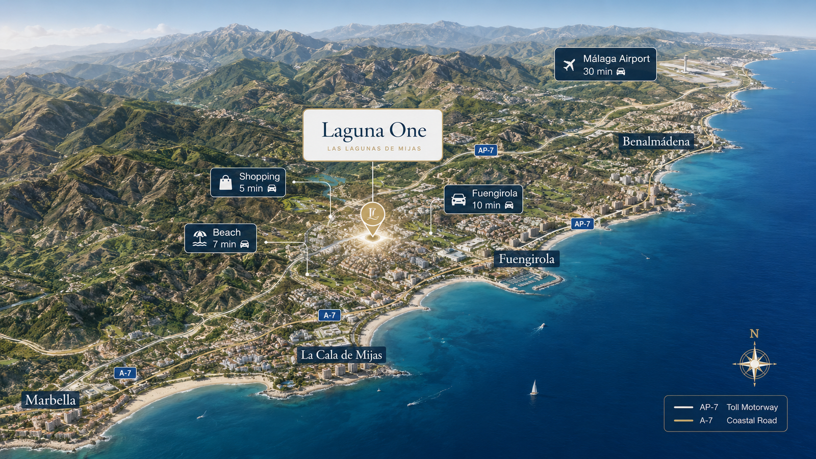 Laguna One Mijas location map showing Las Lagunas de Mijas near Fuengirola, La Cala de Mijas, Marbella, Benalmádena and Málaga Airport