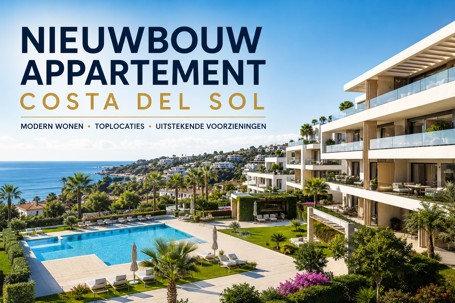 Nieuwbouw appartement aan de Costa del Sol met modern wooncomplex, zwembad, tuinen en uitzicht op zee
